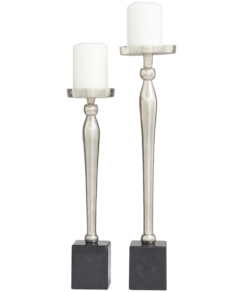 Aluminum Slim Candle Holder with Black Marble Base 17" and 14" H, Set of 2