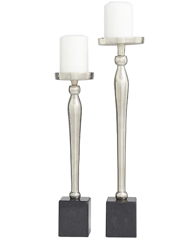Aluminum Slim Candle Holder with Black Marble Base 17" and 14" H, Set of 2