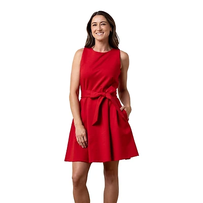 Hope & Henry Women's Sleeveless Ponte Skater Dress with Waist Sash