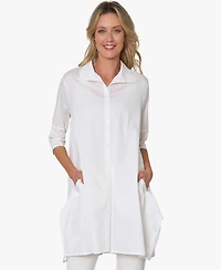 Stella Carakasi Women's 3/4 Sleeve Button-Front Cotton Poplin And Jersey Shirt Top Tiburon Tunic Icon