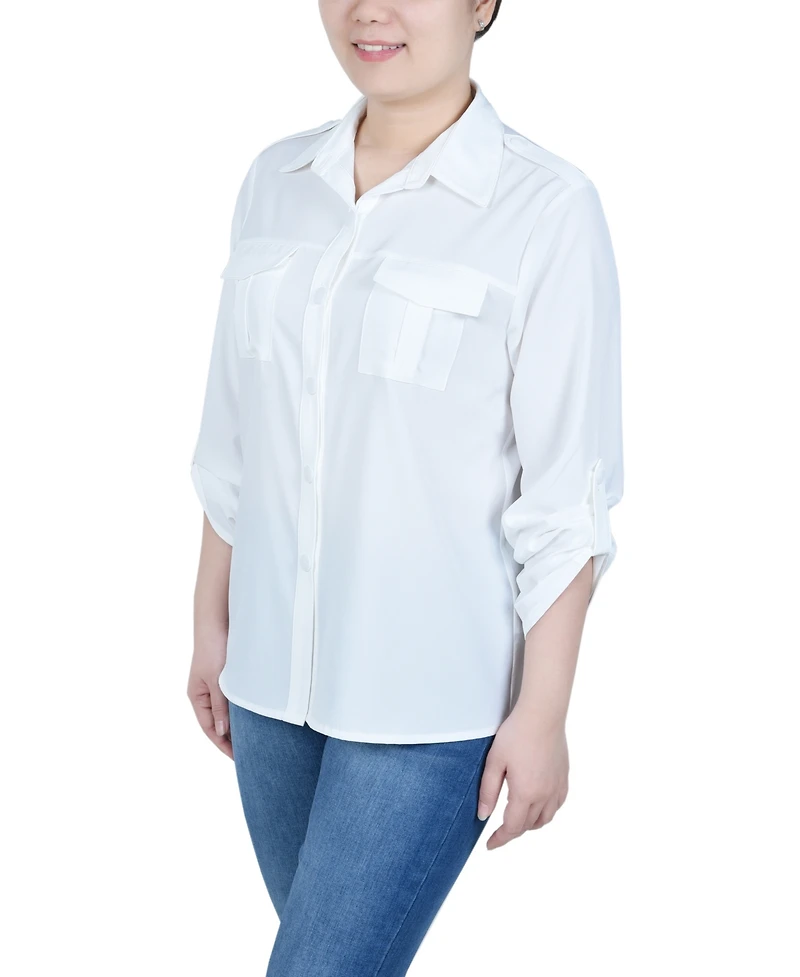 Ny Collection Petite 3/4 Sleeve Roll Tab Utility Blouse