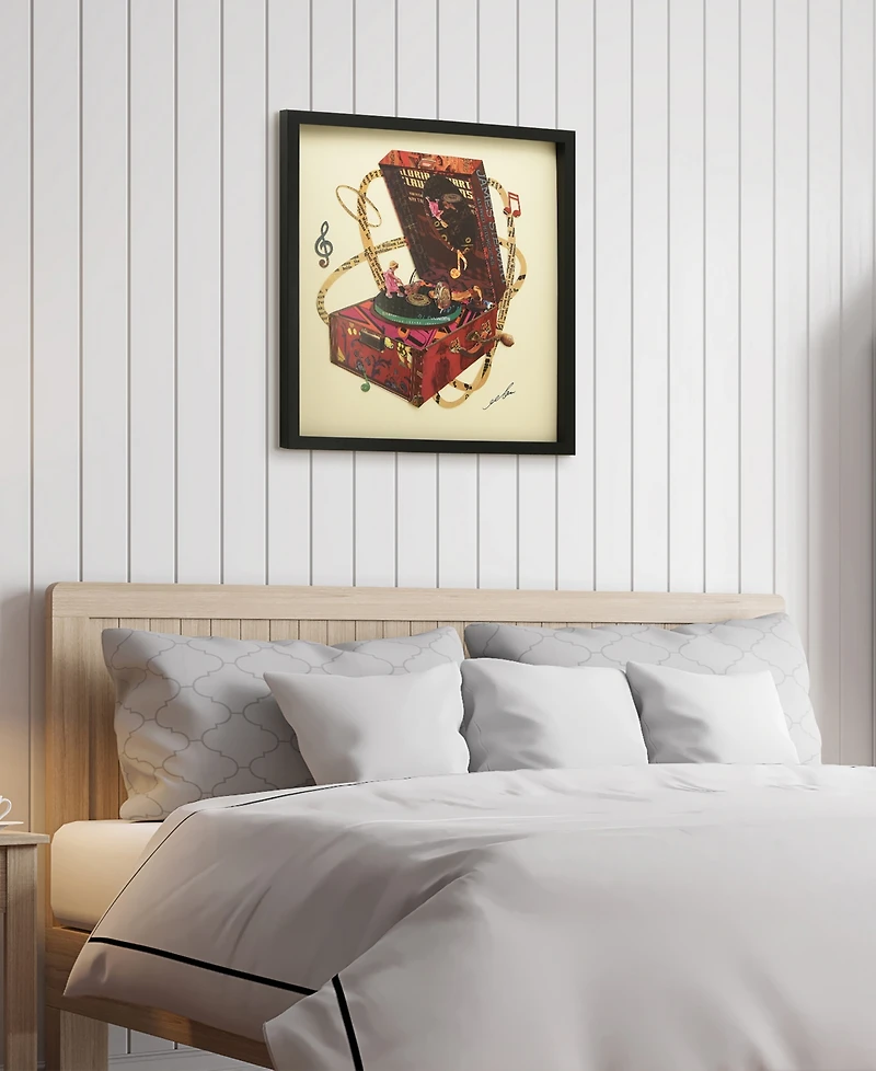 Empire Art Direct "Wind Up 78 "Hand-made dimensional music box art collage, under glass, encased on a black shadow box frame, 25" x 25" x 1.4"