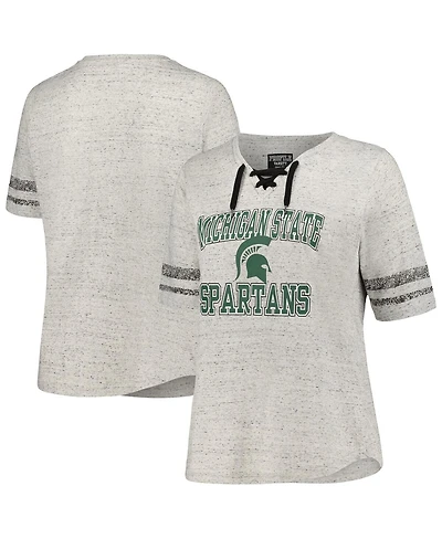Women's Profile Heather Gray Distressed Michigan State Spartans Plus Striped Lace-Up T-shirt