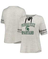 Women's Profile Heather Gray Distressed Michigan State Spartans Plus Striped Lace-Up T-shirt