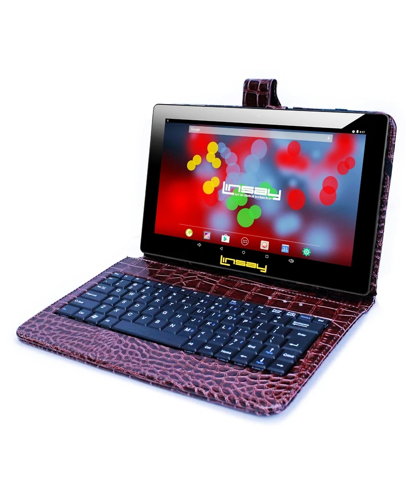New Linsay 10.1" Tablet Octa Core 128GB Bundle with Exclusive Luxury Brown Crocodile Style Keyboard Newest Android 14