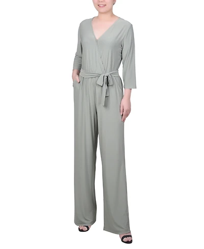 Ny Collection Petite 3/4 Sleeve Printed Belted Jumpsuit