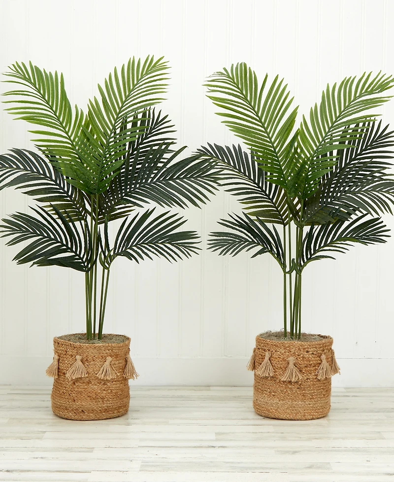 Nearly Natural 48" Artificial Paradise Palm Tree with Handmade Jute Cotton Basket with Tassels Diy Kit Set of 2