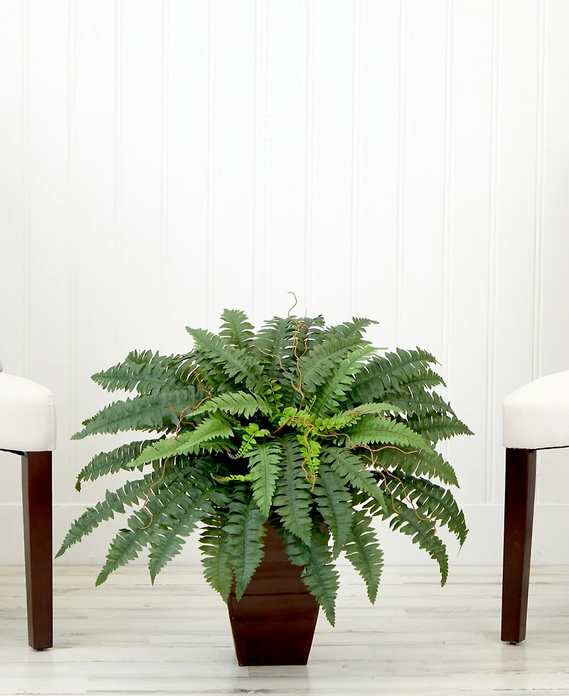 Nearly Natural 23" Artificial Boston Fern Plant with Tapered Bronze Square Metal Planter Diy Kit