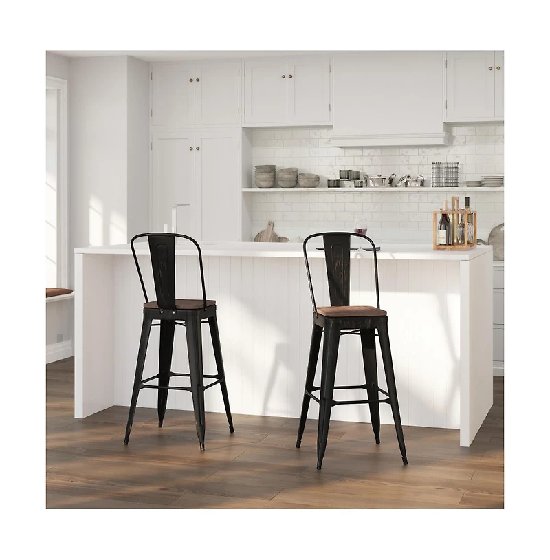 Donnelly Metal Dining Stool With Curved Slatted Back And Textured Wood Seat
