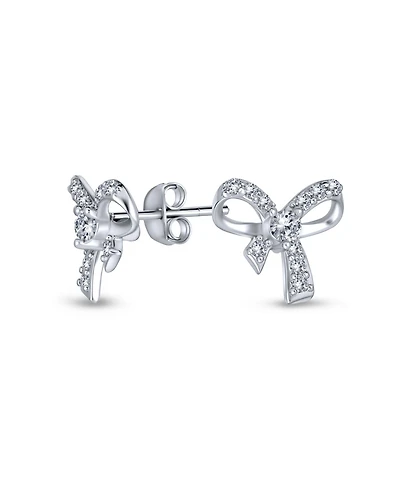 Bling Jewelry Delicate Dainty Ribbon Birthday Present Pave Cz Small Bow Stud Earrings Sterling Silver