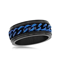 Stainless Steel Blue Cuban Link Ring - Black Plated