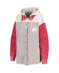 Women's Gameday Couture Gray Distressed Wisconsin Badgers Vintage-Like Wash Corduroy Full-Snap Hooded Shacket