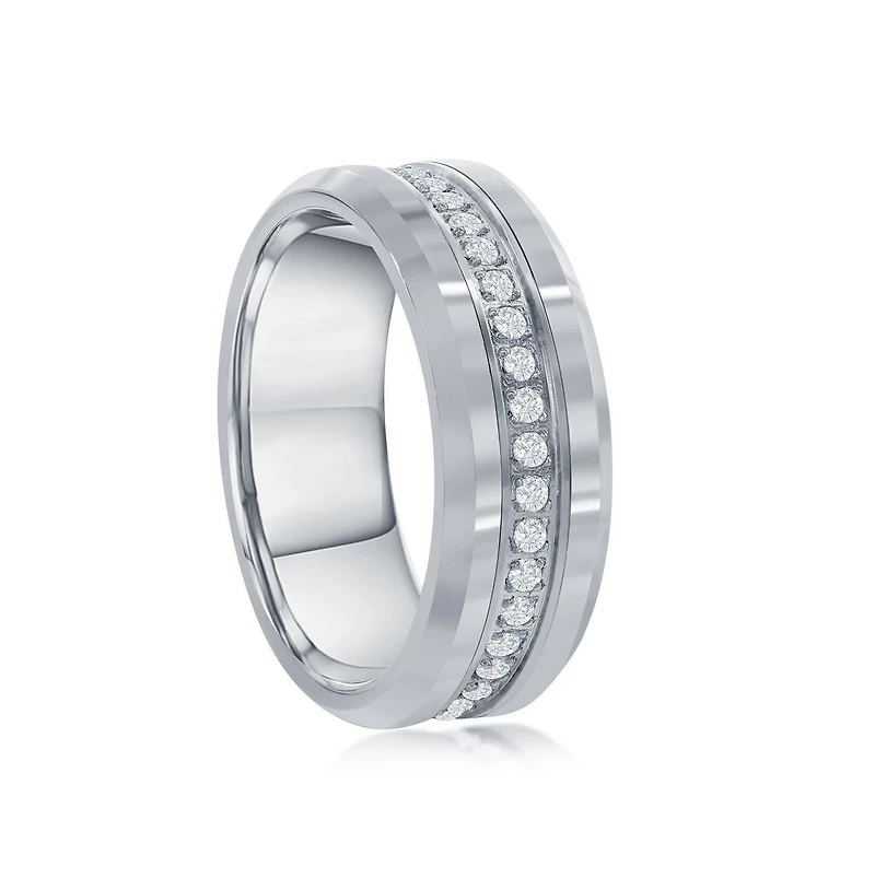 Polished Silver Cz Eternity Tungsten Band Ring