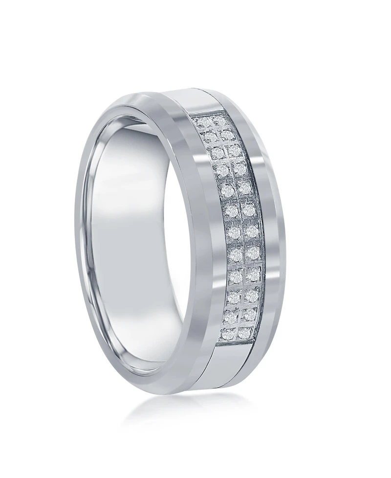 Brushed and Polished Double Row Cz Silver Tungsten Ring