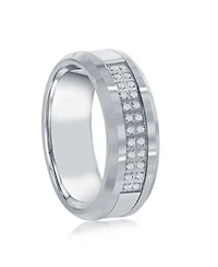 Brushed and Polished Double Row Cz Silver Tungsten Ring