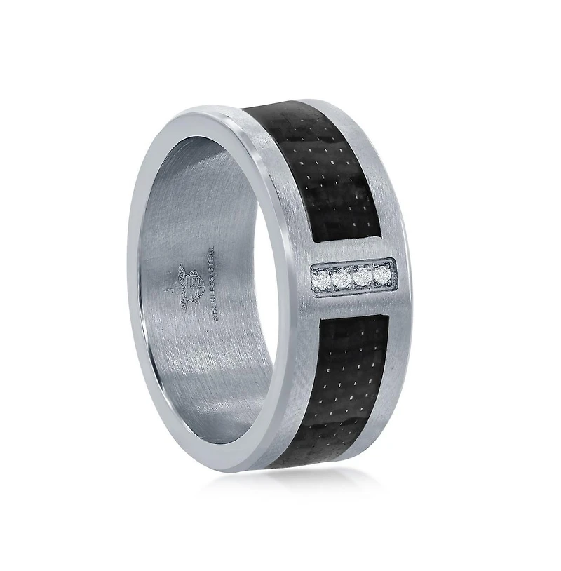 Stainless Steel Black Carbon Fiber Cz Ring