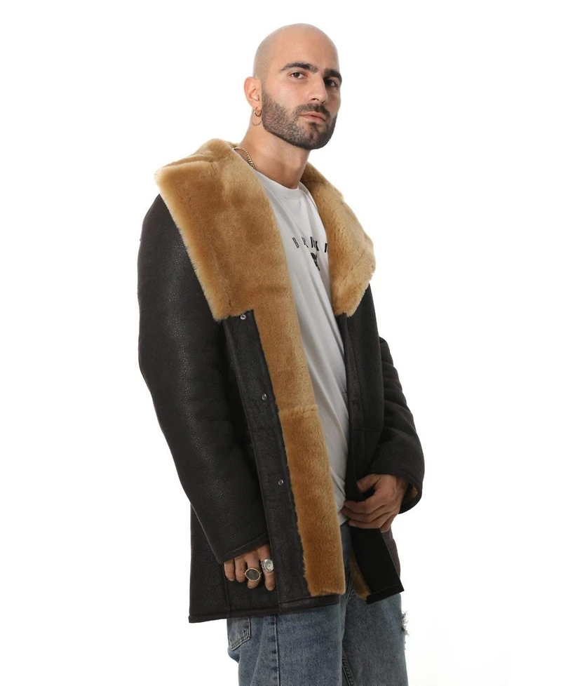 Furniq Uk Men's Sheepskin Trench Coat, Washed Brown with Ginger Wool