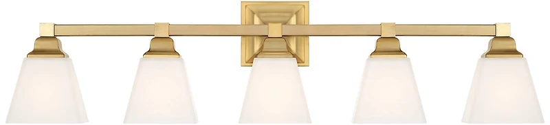 Regency Hill Mencino-Opal Modern Wall Mount Light Warm Brass Gold Metal Hardwired 35 1/4" Wide 5-Light Fixture Etched White Glass Shades for Bathroom