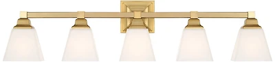 Regency Hill Mencino-Opal Modern Wall Mount Light Warm Brass Gold Metal Hardwired 35 1/4" Wide 5-Light Fixture Etched White Glass Shades for Bathroom