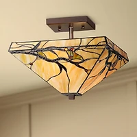 Robert Louis Tiffany Mission Rustic Ceiling Light Semi Flush Mount Fixture 14" Wide Bronze 2-Light Budding Branch Art Glass Shade for Bedroom Kit