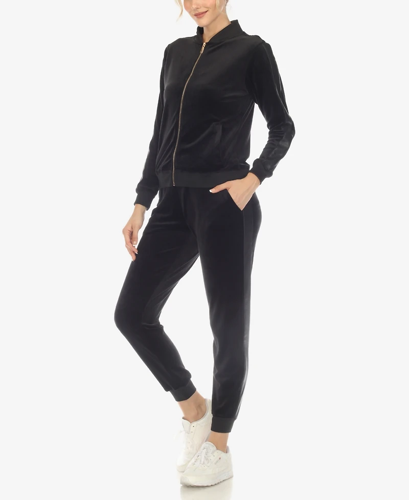 White Mark Women's Faux Leather Stripe Velour 2 Piece Tracksuit Set