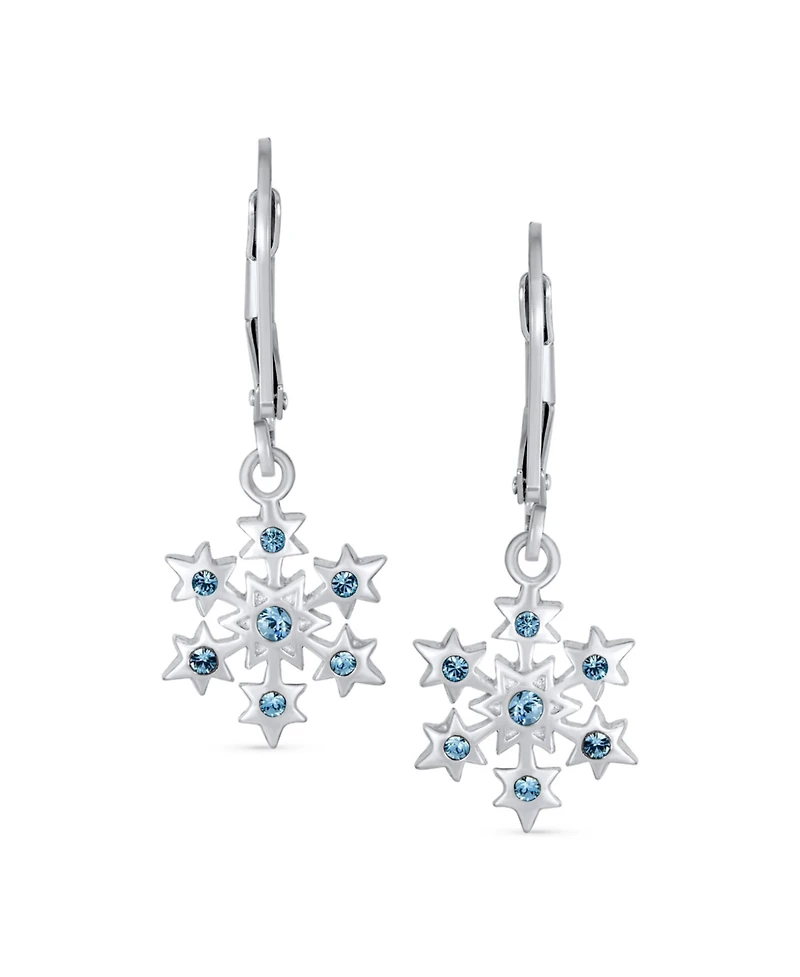 Delicate Holiday Party Christmas Snowflake Star Drop Lever back Earrings For Women For Teen Simulated Ice Blue Topaz .925 Sterling Silver