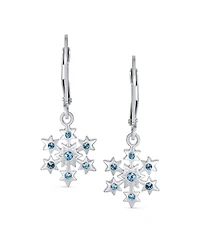 Delicate Holiday Party Christmas Snowflake Star Drop Lever back Earrings For Women For Teen Simulated Ice Blue Topaz .925 Sterling Silver