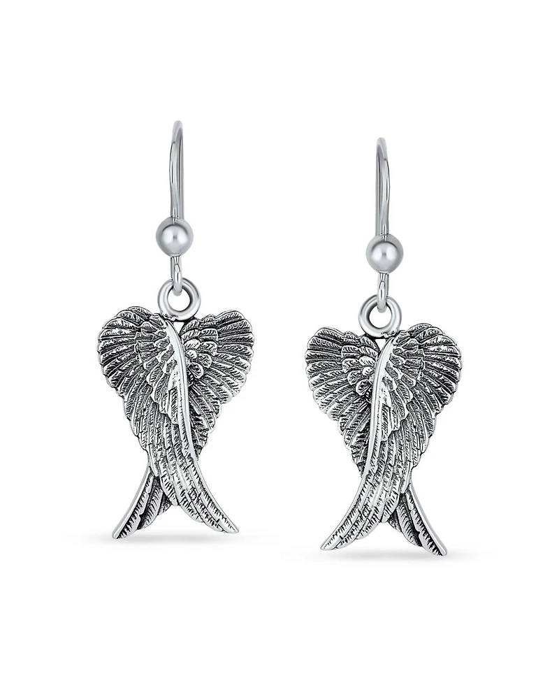 Bling Jewelry Spiritual Amulet Feather Heart Shaped Guardian Angel Wings Dangle Earrings For Women Teens Oxidized .925 Sterling Silver Fish Hook