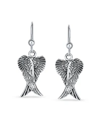 Bling Jewelry Spiritual Amulet Feather Heart Shaped Guardian Angel Wings Dangle Earrings For Women Teens Oxidized .925 Sterling Silver Fish Hook