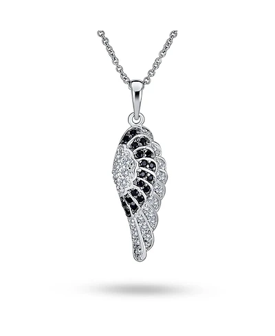 Two Tone Pave Black White Cubic Zirconia Cz Spiritual Guardian Angel Wing Feather Dangle Pendant Necklace For Women For Teen