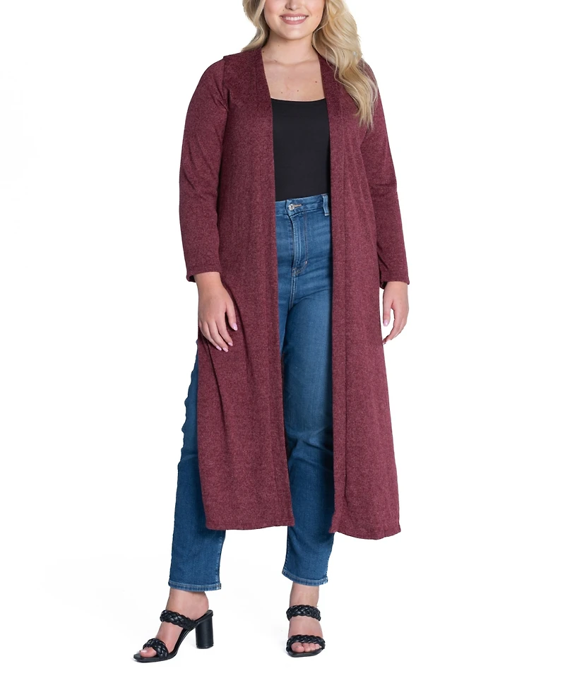 24seven Comfort Apparel Plus Size Long Duster Open Front Knit Cardigan Sweater