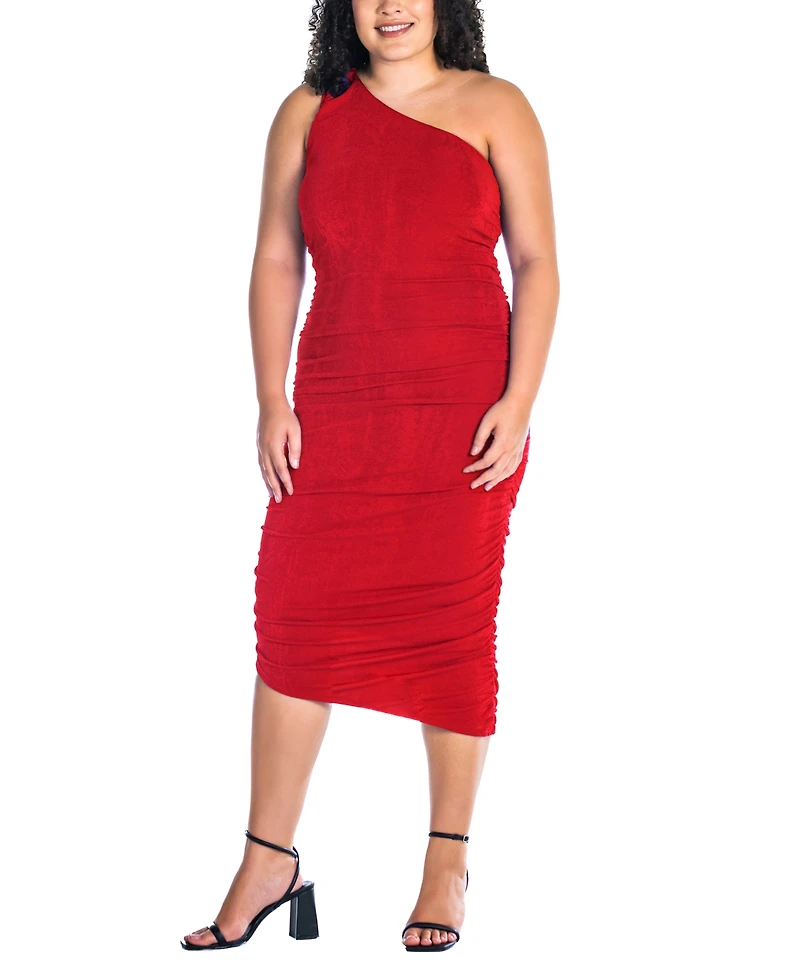 24seven Comfort Apparel Plus One Shoulder Ruched Bodycon Dress
