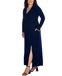 24seven Comfort Apparel Plus Long Sleeve V-neck Maxi Dress