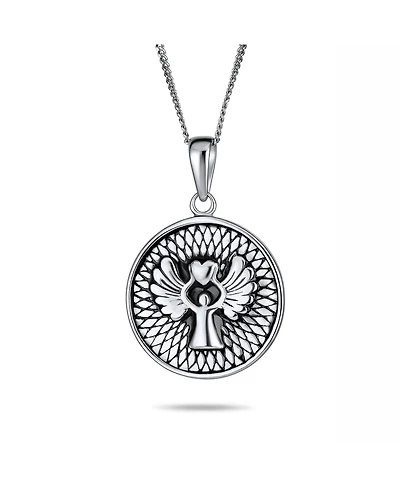 Bling Jewelry Round Medallion Disc Religious Reversible Two Sided Protection Prayer Guardian Angel Medal Pendant Necklace For Women Sterling Silver