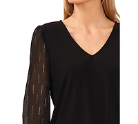 CeCe Women's V-Neck Sheer Mixed-Media Gold Lurex 3/4-Sleeve Knit Top