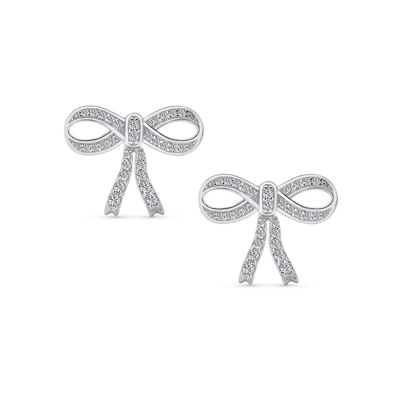 Bling Jewelry Delicate Dainty Ribbon Birthday Present Pave Cz Bow Stud Earrings For Sterling Silver