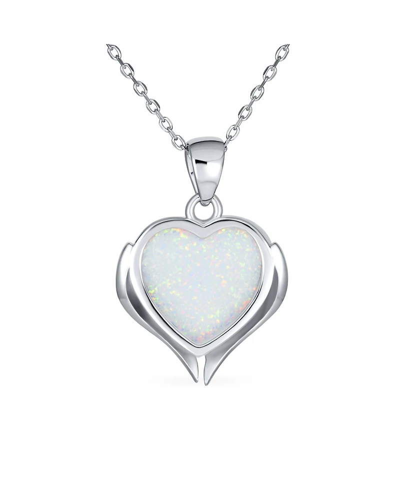 Bling Jewelry Love Created Framed White Synthetic Opal Heart Shaped Angel Wing Necklace Pendant Sterling Silver