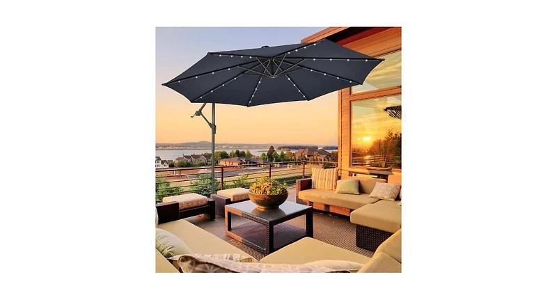 10 Feet Cantilever Umbrella with 32 Led Lights and Solar Panel Batteries