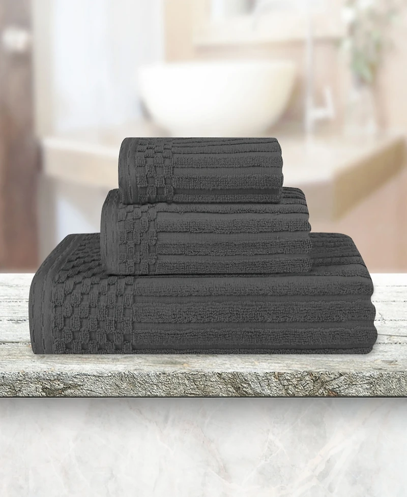 Superior Soho Checkered Border Cotton Ribbed Textured Ultra-Absorbent Towel, 3 Piece Set