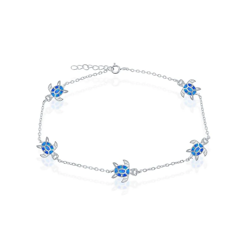 Caribbean Treasures Sterling Silver Synthetic Opal Turtle Anklet - Blue Inlay