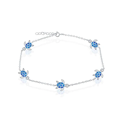 Caribbean Treasures Sterling Silver Synthetic Opal Turtle Anklet - Blue Inlay
