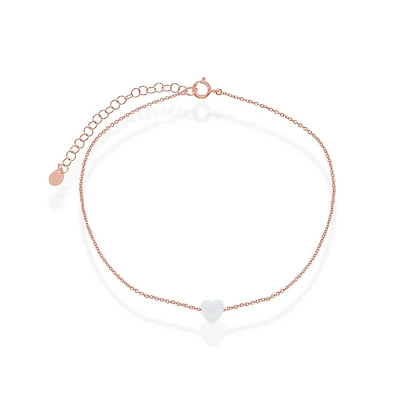 Caribbean Treasures Sterling Silver Synthetic White Opal Heart Anklet - Rose Gold Plated
