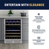 Newair 24 Inch Built-in 46 Bottle Dual Zone Compressor Wine Fridge in Stainless Steel, Quiet Operation with Beechwood Shelves