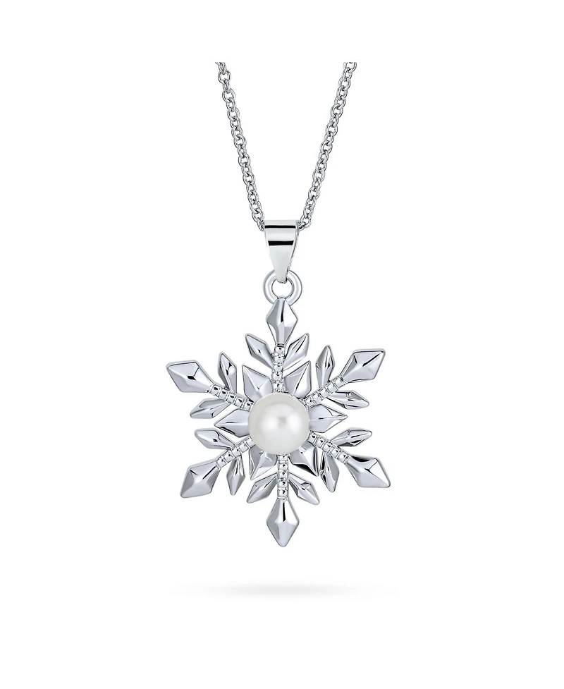 Holiday Party Christmas White Simulated Pearl Snowflake Necklace Pendant Dangling Earrings Jewelry Set For Women