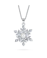 Holiday Party Christmas White Simulated Pearl Snowflake Necklace Pendant Dangling Earrings Jewelry Set For Women