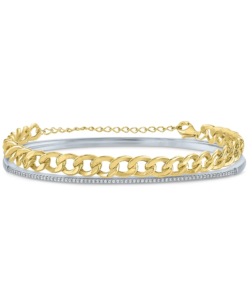 2-Pc. Set Diamond Bangle Bracelet (1/5 ct. t.w.) & Curb Link Chain Bracelet in Sterling Silver & 14k Gold-Plate