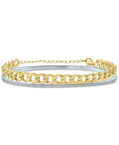 2-Pc. Set Diamond Bangle Bracelet (1/5 ct. t.w.) & Curb Link Chain Bracelet in Sterling Silver & 14k Gold-Plate