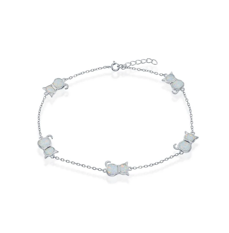 Caribbean Treasures Sterling Silver Synthetic Opal Cat Anklet - White Opal