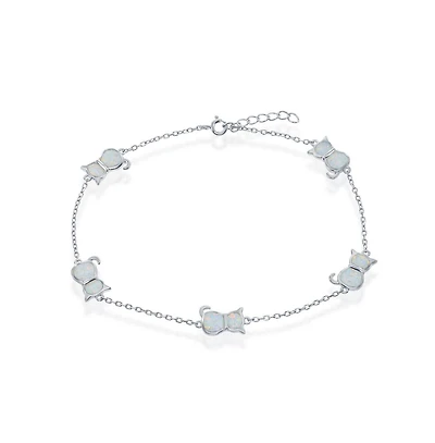 Caribbean Treasures Sterling Silver Synthetic Opal Cat Anklet - White Opal