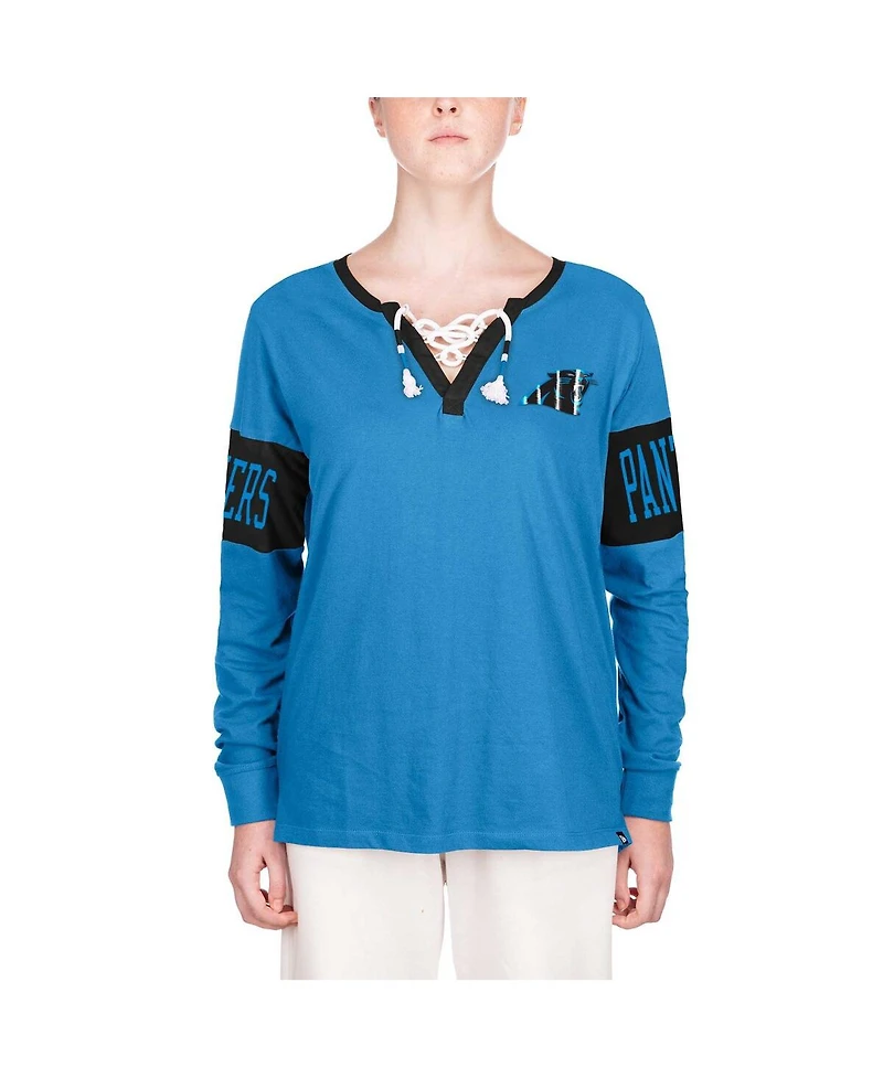 Women's New Era Blue Carolina Panthers Lace-Up Notch Neck Long Sleeve T-shirt